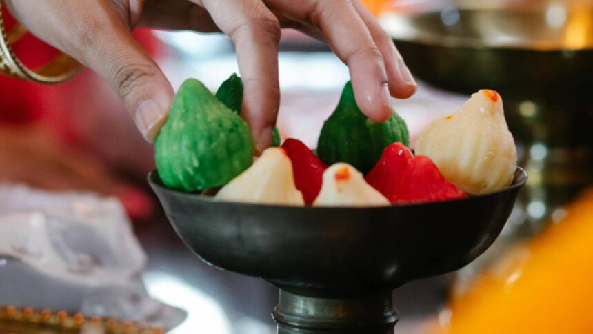 Colourful modaks in a bowl