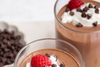 Cottage cheese chocolate mousse in two glasses topped with whip cream, chocolate chips and fresh raspberries.